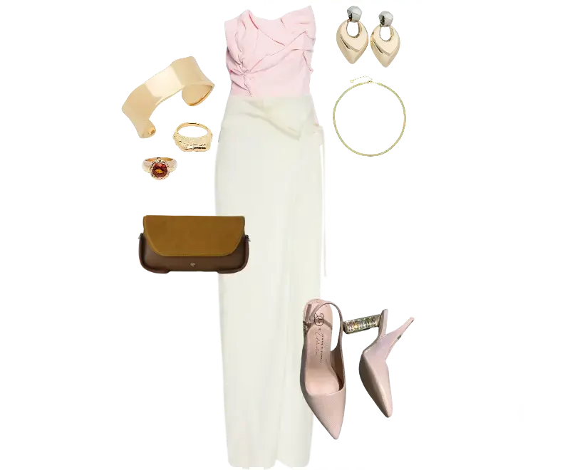 top rosa claro, saia branca longa, mules rosa pálido, bolsa de ombro marrom e mostarda, brincos dourados, colar fino dourado, bracelete dourado