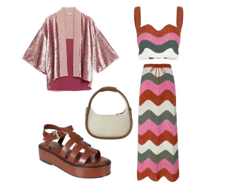top cropped listrado rosa verde marrom branco, quimono rosa em veludo, saia longa listrada, sandálias plataforma em couro marrom, bolsa estruturada bege