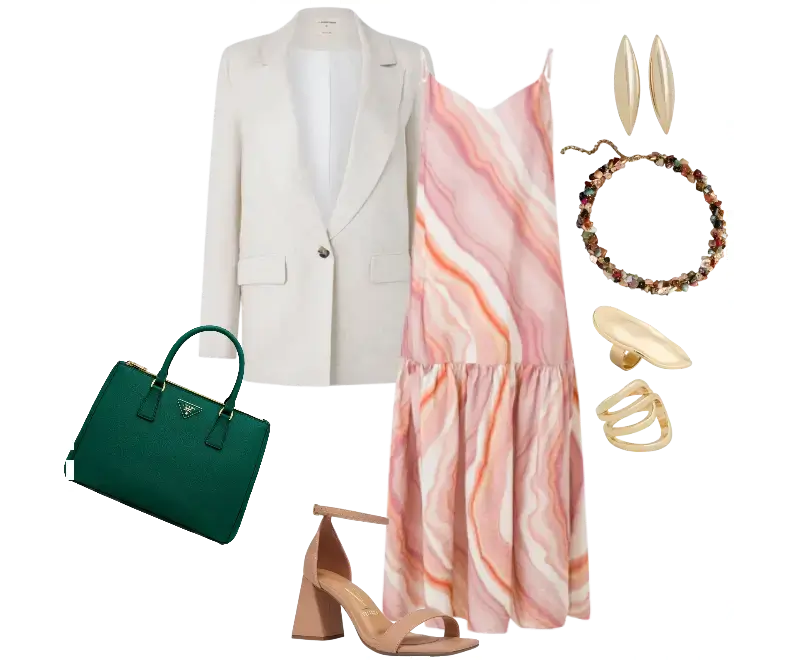 vestido longo marmorizado rosa e laranja, blazer branco, sandálias nude salto bloco, bolsa verde esmeralda, brincos dourados em formato de folha, colar de pedras multicoloridas