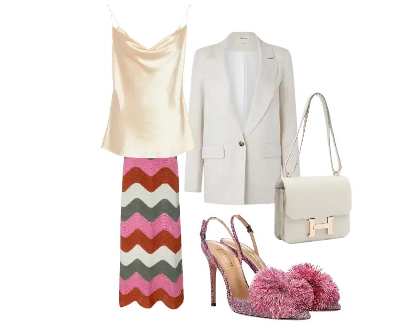 blusa cetim dourada de alças finas, blazer branco, saia midi geométrica, sandálias salto alto cetim rosa com pompons, bolsa estruturada em couro bege