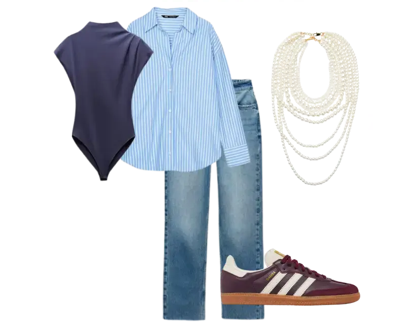 bodysuit azul marinho, camisa listrada azul claro, jeans mom fit azul médio, tênis sneakers vinho, colar de pérolas em camadas