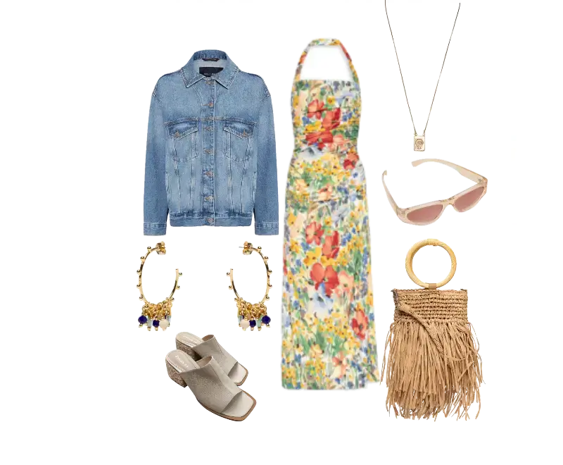 vestido longo floral, jaqueta jeans azul claro, sandálias salto bloco bege, colar dourado com pingente, brincos ornamentados dourados e azuis, óculos de sol rosa claro, bolsa de palha trançada com alça circular