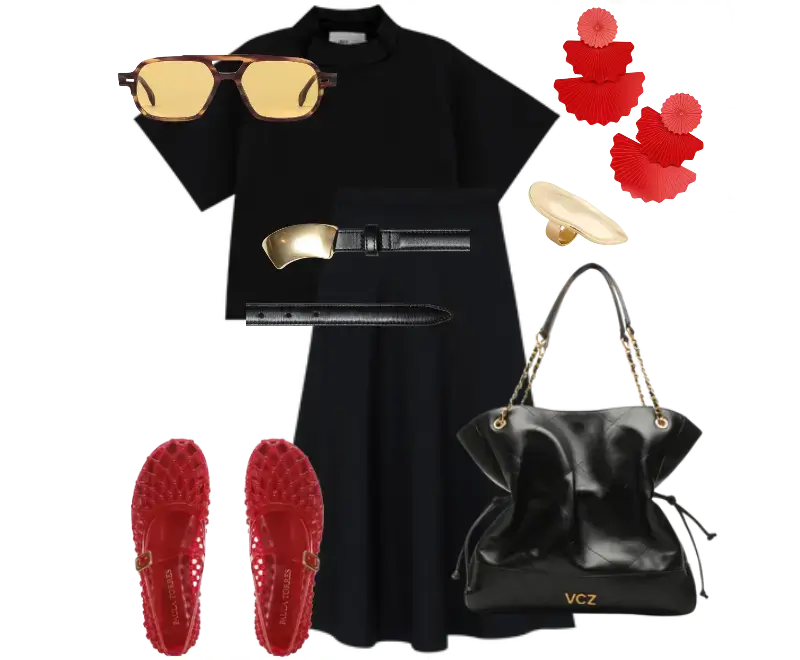 camiseta preta minimalista, saia midi preta, mules vermelhas trançadas, cinto preto de couro, brincos vermelhos em leque, bolsa preta estruturada em couro, óculos de sol dourados