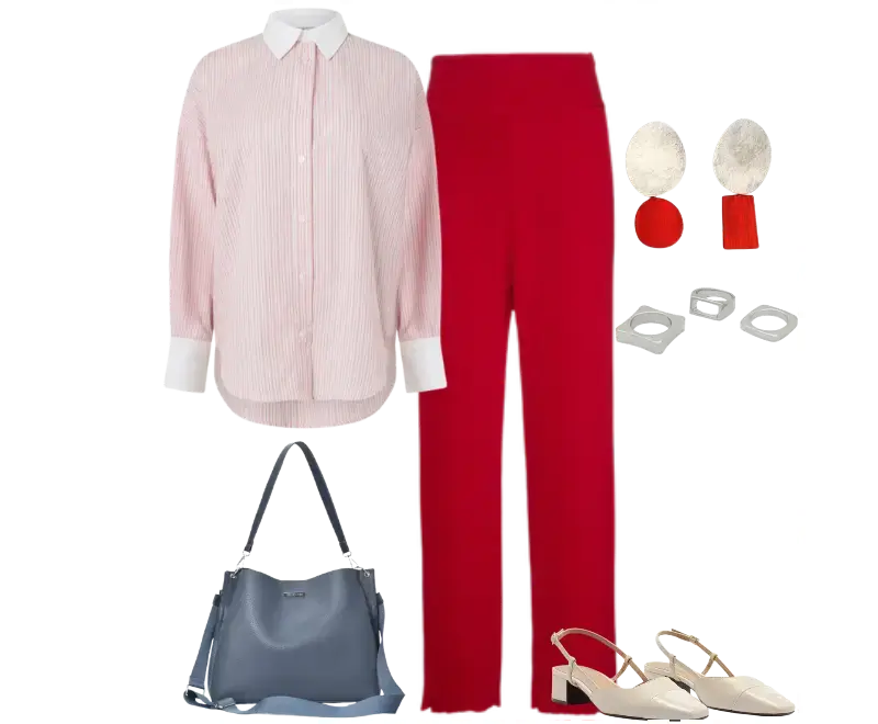 camisa oversized listrada rosa e branca, calça palazzo vermelha, slingbacks bege creme, bolsa estruturada azul marinho, brincos geométricos prata e vermelho