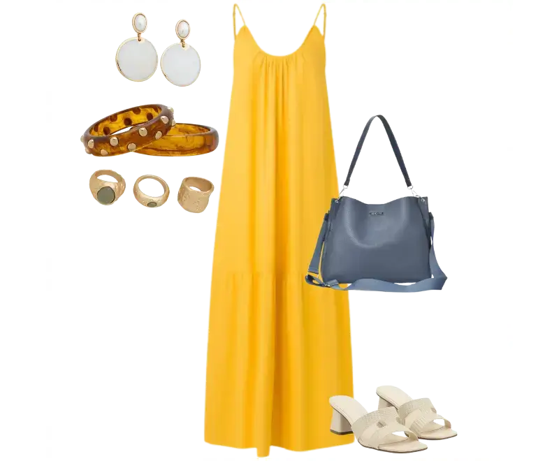 vestido longo amarelo, sandálias de salto baixo off-white, bolsa de couro azul, brincos de pedra branca, pulseiras de resina terrosas, anéis minimalistas