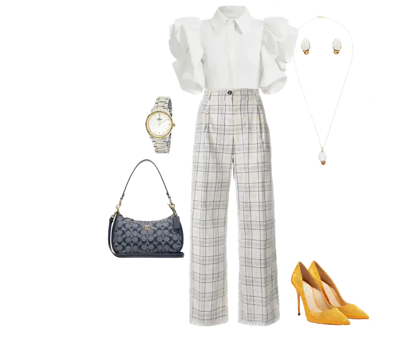 blusa branca de mangas bufantes, calça de alfaiataria xadrez, sapatos de salto alto em suede amarelo mostarda, colar longo, brincos sofisticados, relógio de pulso clássico, bolsa estruturada com estampa monograma