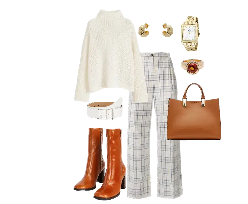 suéter creme de gola alta acolchoado, calça de alfaiataria xadrez, botas de couro marrom, cinto branco, bolsa tote marrom clara, brincos dourados, relógio dourado, anel de pedra âmbar
