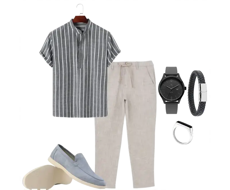 camisa listrada gola mandarina, calça de linho bege, loafers de camurça azul claro, relógio minimalista preto, pulseira de couro com detalhe metálico, anel prateado