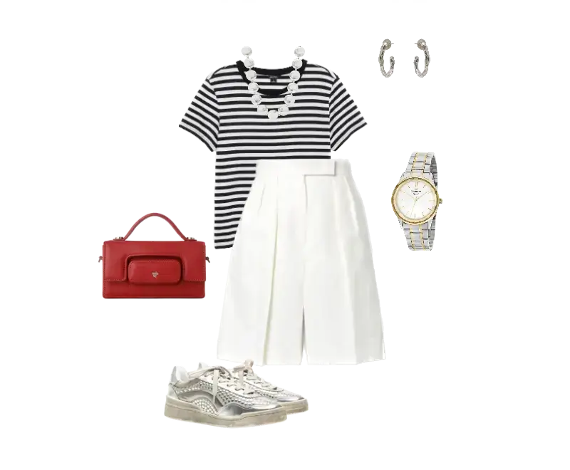 camiseta listrada preta e branca, bermuda de alfaiataria branca, tênis esportivo neutro, bolsa estruturada vermelha, colar de pérolas brancas, brincos delicados dourados, relógio com pulseira metálica