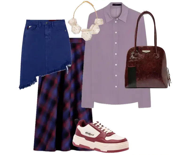 camisa lilás, saia jeans azul assimétrica, calça xadrez de alfaiataria, tênis chunky rosa e branco, bolsa tiracolo de couro marrom, colar de corda com contas geométricas