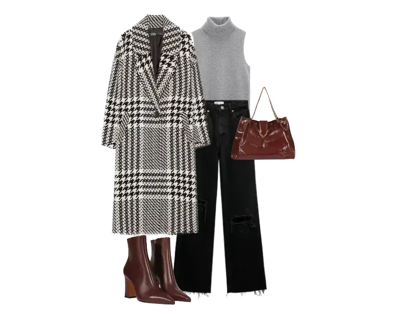 colete cinza gola alta em malha, casaco pied-de-poule preto e branco, jeans preto com bainha desfiada e rasgos, botas de couro marrom de salto médio, bolsa estruturada em couro marrom