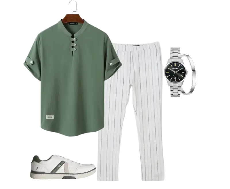Camisa verde oliva com gola mandarim, Calça branca de listras finas, Tênis branco com detalhes em verde, Relógio de pulso em aço inoxidável