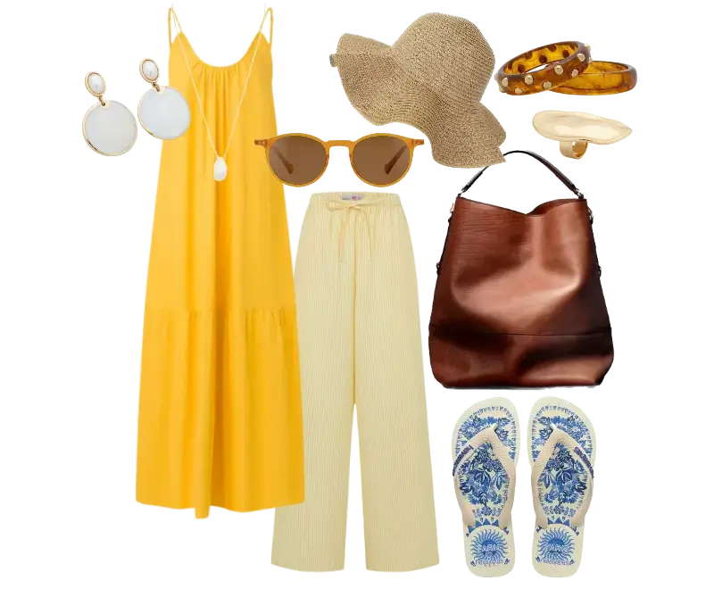 vestido longo amarelo em tecido fluido, calça listrada tons claros, chinelos de borracha estampa floral azul, chapéu de palha, bolsa marrom em couro, óculos de sol marrons, pulseiras tortoise, brincos circulares, colar alongado tons neutros