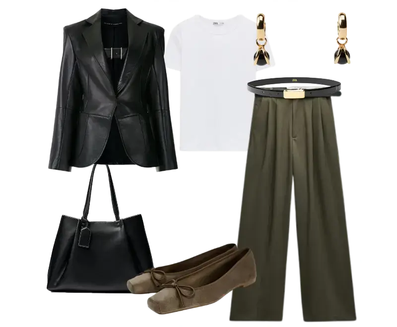 blazer de couro preto, camiseta branca, calça larga verde oliva, sapatilhas de camurça marrom, brincos dourados, cinto preto com fivela dourada, bolsa tote de couro preto