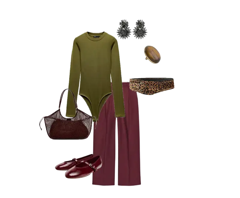 body verde-oliva de mangas longas, calça pantalona burgundy, mocassins em couro vermelho, bolsa estruturada marrom, brincos florais prateados, anel robusto, lingerie de estampa animal
