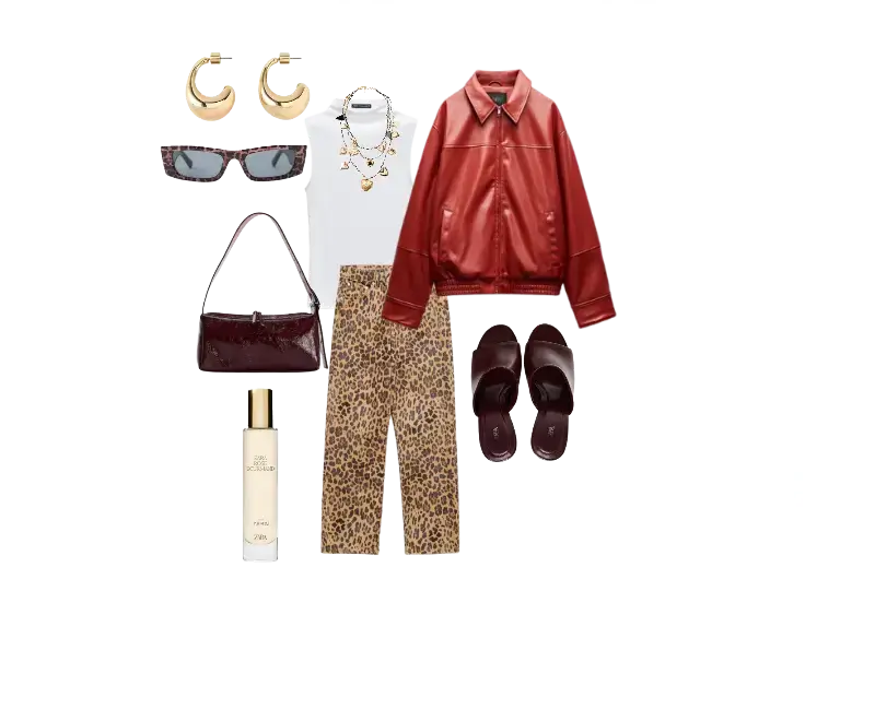 jaqueta bomber em couro marrom avermelhado, regata branca básica, calças justas com estampa de leopardo, sandálias de couro marrom, bolsa baguete em verniz marrom, brincos dourados circulares, colares em camadas, óculos de sol com armação escura