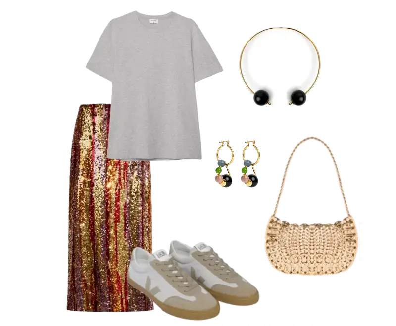 Camiseta cinza minimalista em algodão, Saia midi de lantejoulas multicoloridas, Tênis casual em couro bege e branco, Bolsa de crochê nude, Colar dourado elegante, Brincos pendentes com pedras multicoloridas