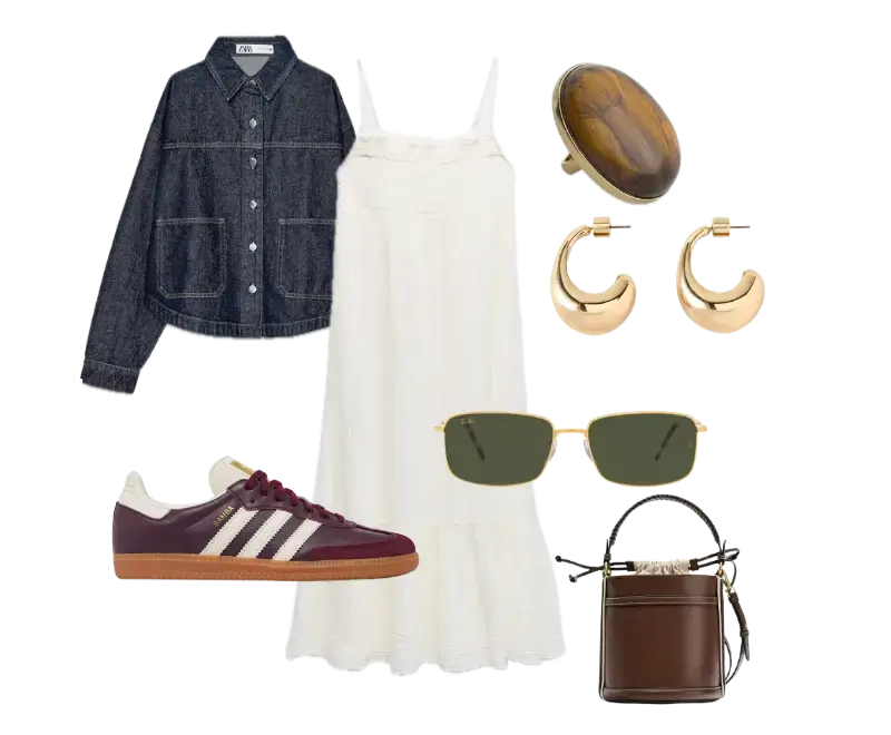 Vestido longo branco de alças finas, jaqueta jeans azul escuro da Zara, tênis Adidas marrom vinho com listras brancas, brincos de argola dourada, anel com pedra, óculos de sol dourados com lentes esverdeadas, bolsa estruturada marrom