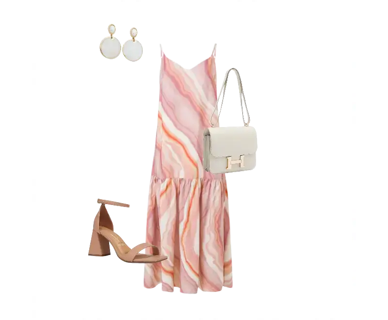 vestido midi marmorizado em tons pastéis, sandálias de salto bloco nude, brincos de aro com detalhes brancos, bolsa tiracolo em couro bege com fecho metálico
