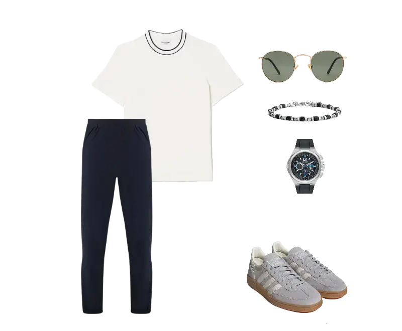 camiseta branca de algodão com gola escura, calça de moletom azul-marinho, tênis cinza em suede, óculos de sol arredondados, relógio com pulseira de couro, bracelete de metal