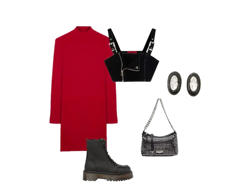 vestido vermelho de gola alta, colete cropped preto com alças ajustáveis e zíper, botas de cano médio em couro preto com solado tratorado, bolsa pequena prateada com tachas, brincos vintage discretos