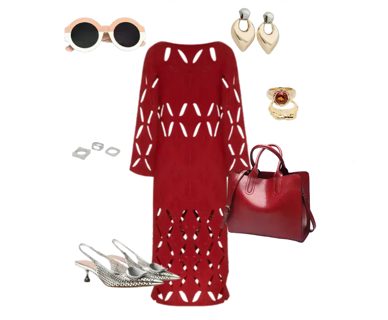 vestido longo vermelho em tricô com recortes geométricos, sandálias de salto fino prateadas em mesh, bolsa tote em couro vermelho, óculos escuros redondos, brincos dourados, anel com pedra vermelha