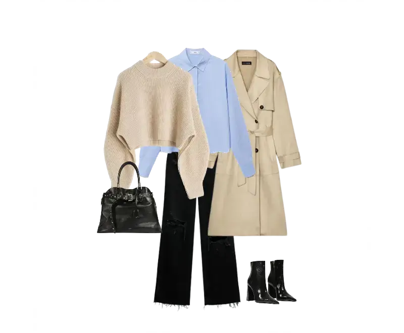 suéter cropped tricô bege, camisa social azul clara, trench coat bege, jeans pretos rasgados, botas de couro preto cano curto, bolsa estruturada preta