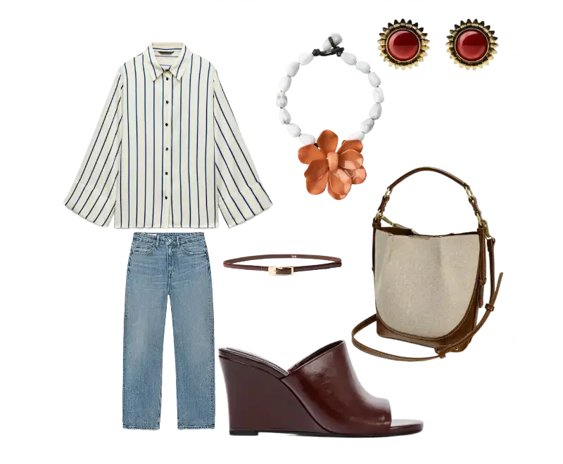 Camisa de algodão bege com listras verticais azuis, Jeans de lavagem clara, Sandálias wedge em couro marrom escuro, Bolsa de lona bege com alças de couro marrom, Cinto fino em couro marrom, Brincos com detalhes em dourado e vermelho, Colar de contas com flor laranja