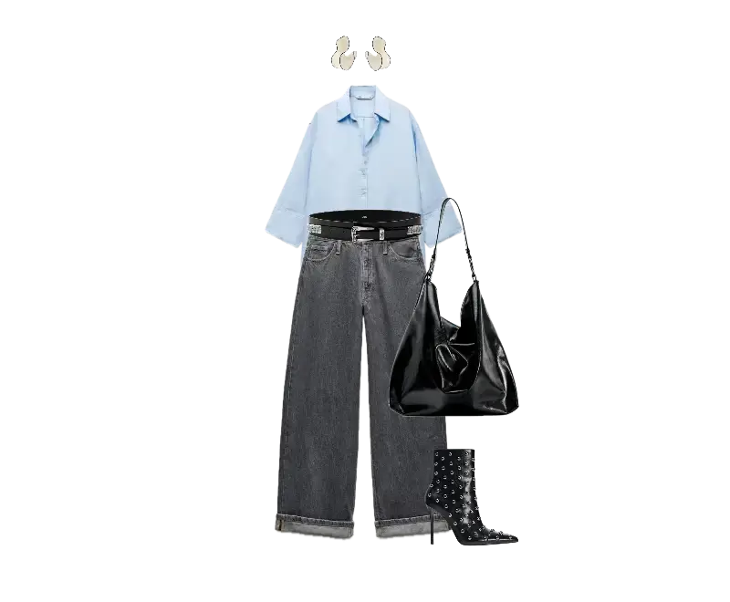 camisa de algodão azul claro, jeans cinza de corte reto, botas ankle pretas com tachas, bolsa tote em couro preto, brincos delicados
