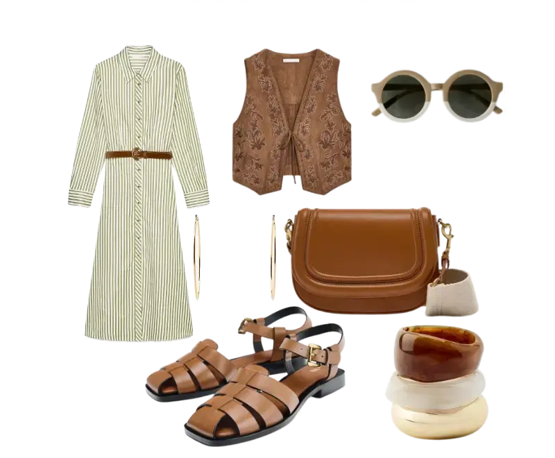 vestido de listras verticais verde e branco, cinto marrom, colete marrom texturizado com padronagem floral, sandálias de couro marrom trançado, bolsa estruturada de couro marrom claro, óculos de sol com armação arredondada, pulseiras em tons neutros, brincos dourados longos