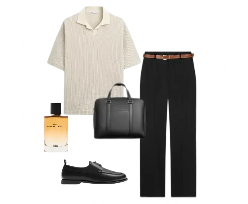 polo bege, calça social preta, cinto marrom, loafers de couro preto, bolsa preta estruturada, perfume aromático