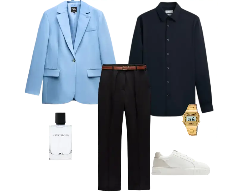blazer azul claro, camisa social preta, calça social preta, cinto marrom, tênis branco de couro, relógio digital dourado, fragrância Vibrant Leather