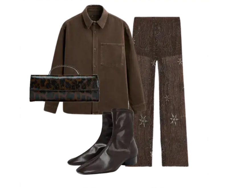 Camisa oversized marrom em algodão, Calça de lurex marrom com bordados sutis, Botas de couro chocolate, Clutch estruturada animal print em couro texturizado