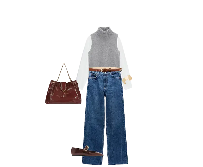 blusa branca de mangas longas, colete cinza de gola alta, jeans de corte reto azul, cinto marrom, loafers de couro marrom, bolsa marrom em couro texturizado, relógio dourado