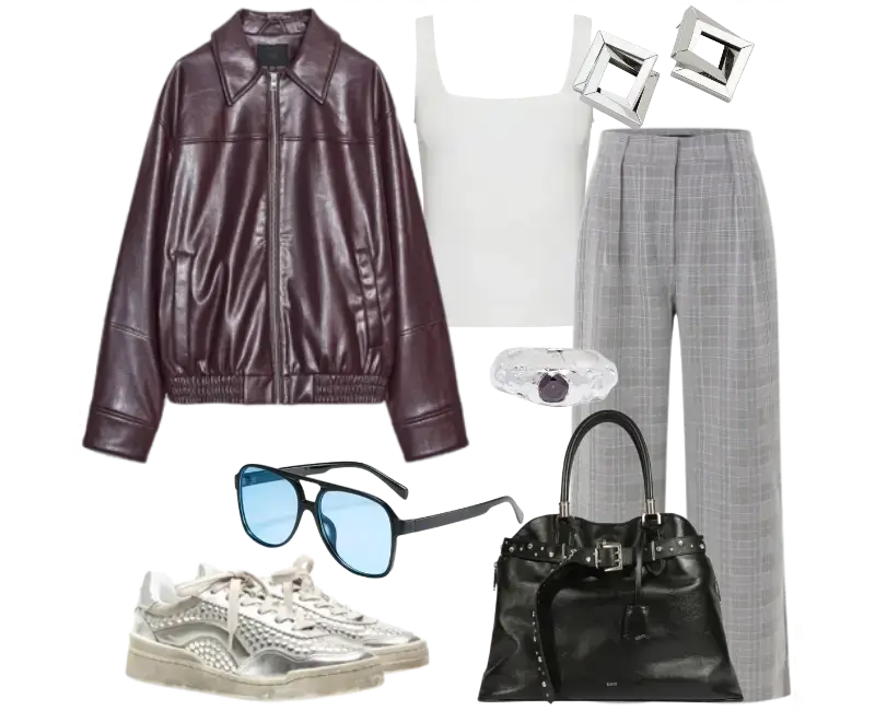 jaqueta de couro sintético vinho, top cropped branco de alças largas, calça de alfaiataria xadrez em tons neutros, tênis esportivos com detalhes metálicos, óculos de sol com lentes azuladas, bolsa de couro preto com tachas, bracelete transparente, brincos geométricos prateados