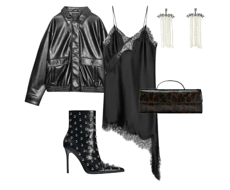 slip dress de cetim com renda, jaqueta de couro preta, botas de cano médio com tachas, clutch animal print, brincos longos de pérolas