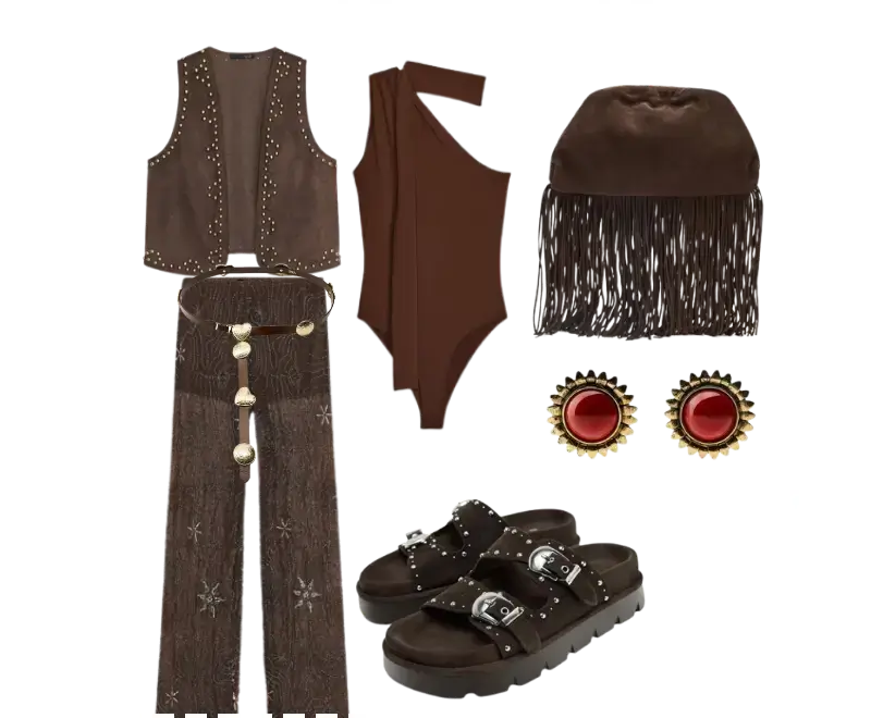 colete marrom em camurça com tachas douradas, body assimétrico marrom de um ombro, calça transparente em renda marrom, cinto com detalhes de conchas, sandálias plataforma em camurça marrom com fivelas metálicas, bolsa de camurça com franjas, brincos dourados com pedras vermelhas