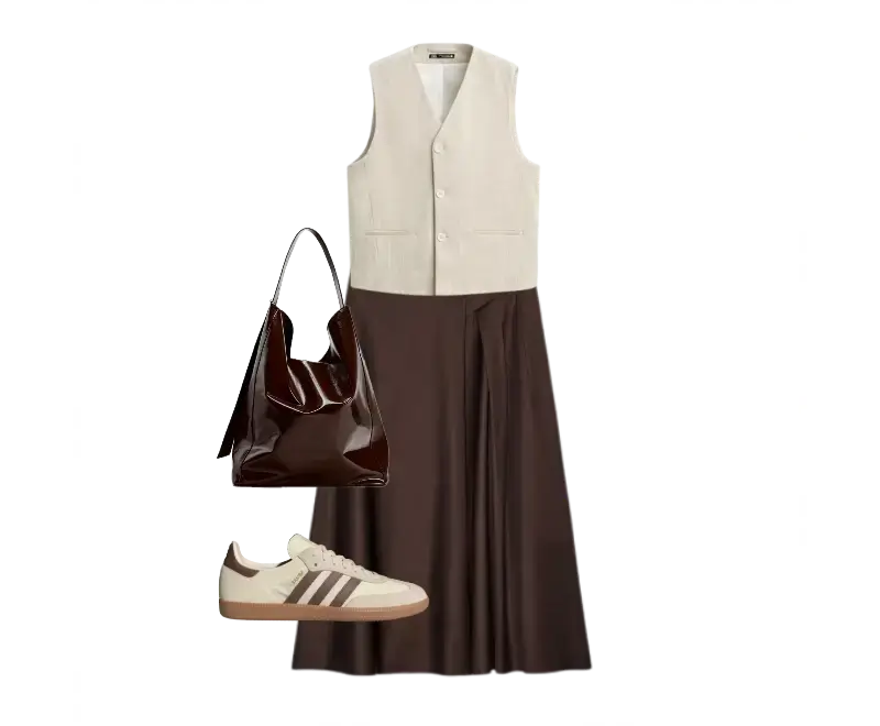 colete bege, saia marrom fluida, tênis retrô bege, bolsa tote marrom