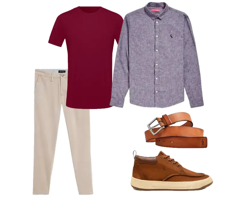 camiseta vinho profundo, camisa social cinza de tecido leve, calça chino bege, botas casuais de couro marrom, cinto de couro marrom