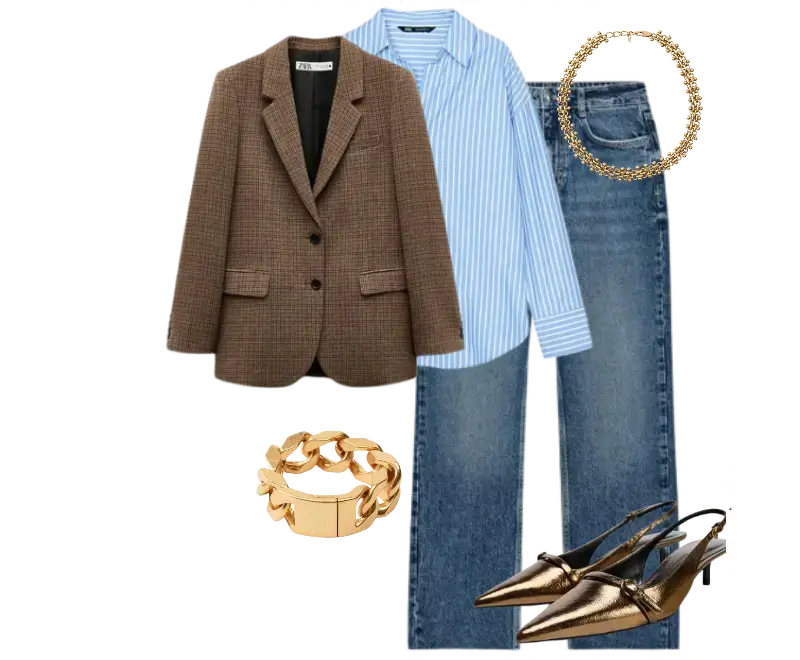 blazer de lã marrom xadrez, camisa listrada azul claro de algodão, jeans lavagem média corte reto, slingback de couro metálico dourado, pulseira dourada robusta, colar delicado