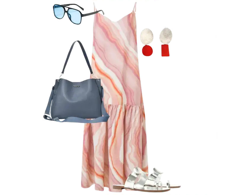 vestido de alças finas com estampa marmorizada rosa, sandálias metálicas prateadas, bolsa de couro azul estruturada, óculos de sol com lentes azuis, brincos longos com detalhes em vermelho e dourado