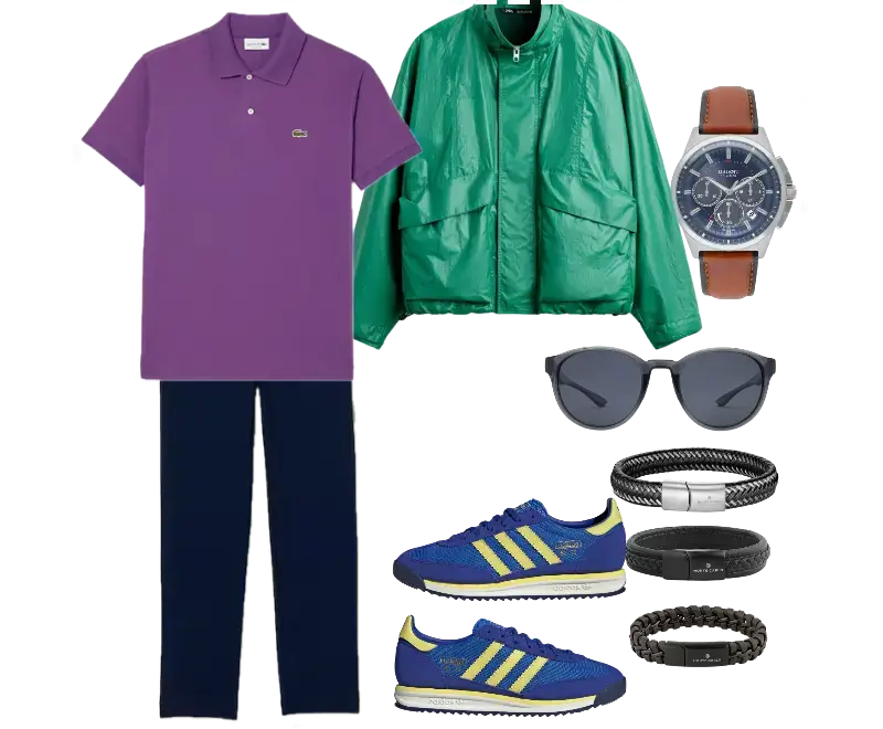 polo roxa Lacoste, jaqueta bomber verde, calça azul marinho, tênis Adidas azul e amarelo, relógio de couro marrom, pulseiras de couro trançado, óculos de sol armação preta