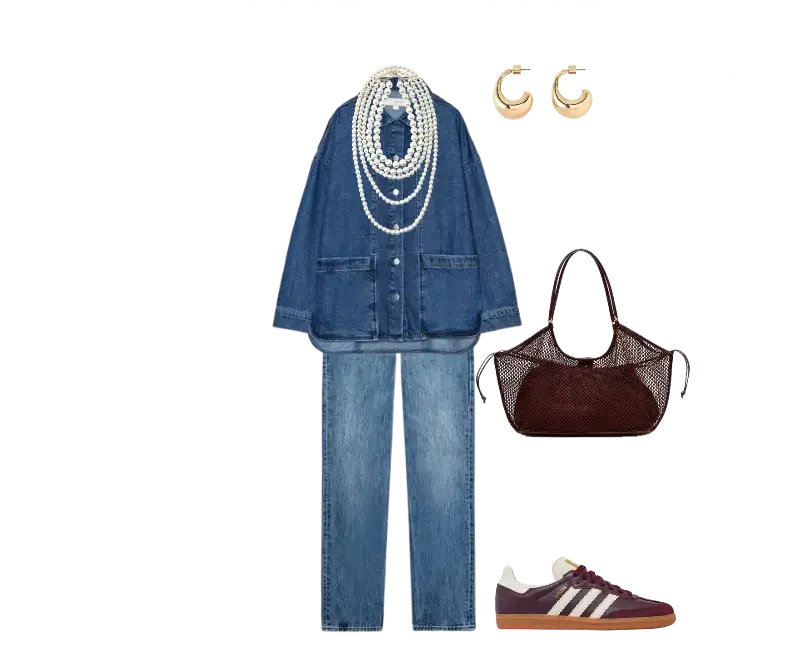 casaco jeans oversize, calça jeans reta azul clássico, tênis esportivos bordô, bolsa em malha metálica marsala, colares de pérolas em camadas, brincos de argola dourada