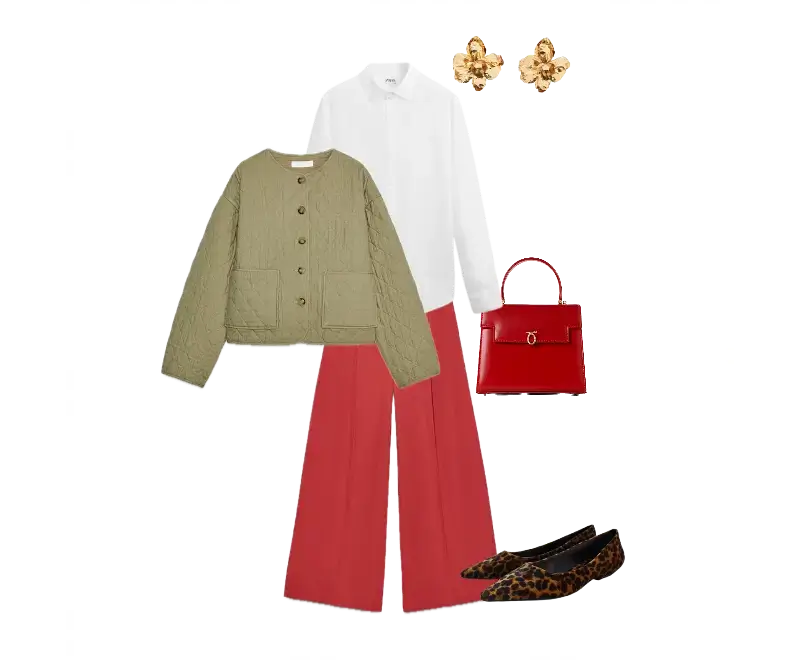 camisa branca clássica, jaqueta acolchoada verde-oliva, calça pantalona vermelha, sapatilhas de oncinha texturizado, bolsa estruturada vermelha vibrante, brincos dourados floral
