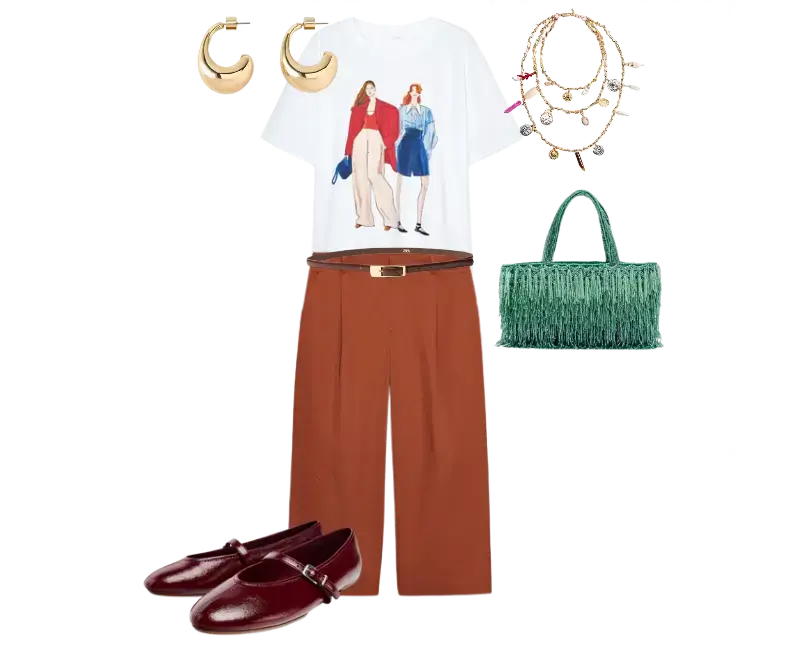 camiseta branca estampada com ilustrações coloridas, calça marrom de alfaiataria reta, cinto fino, mocassim em verniz vermelho, bolsa verde em materiais naturais, brincos dourados meia-lua, colar dourado com pendentes