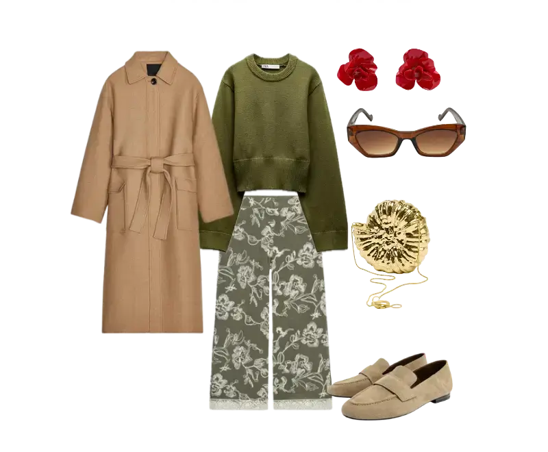 suéter verde oliva, casaco longo bege com cinto, calças largas com estampa floral verde, loafers bege em camurça, óculos de sol tartaruga, brincos vermelhos, bolsa dourada em forma de flor