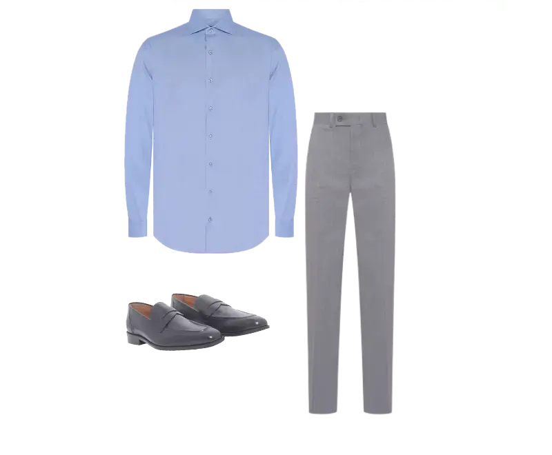 camisa social azul clara, calça cinza de alfaiataria, loafers de couro preto
