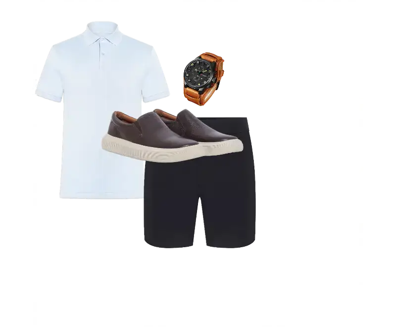 Camisa polo branca, bermuda preta de corte reto, slip-on marrom escuro, relógio de pulso de couro marrom
