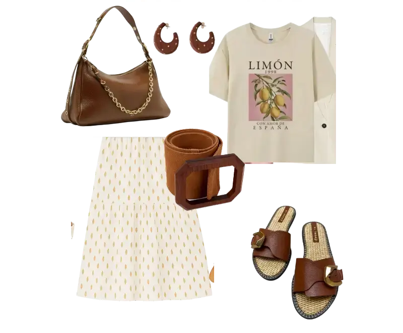camiseta bege com estampa de limão, saia branca com estampas de folhas douradas, sandálias slide em couro marrom, cinto marrom com fivela geométrica, bolsa marrom com corrente dourada, brincos de argola marrons