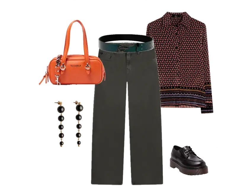 camisa estampada marrom e azul, calça alfaiataria preta, sapatos plataforma de couro preto, brincos pendentes dourados, bolsa laranja vibrante texturizada